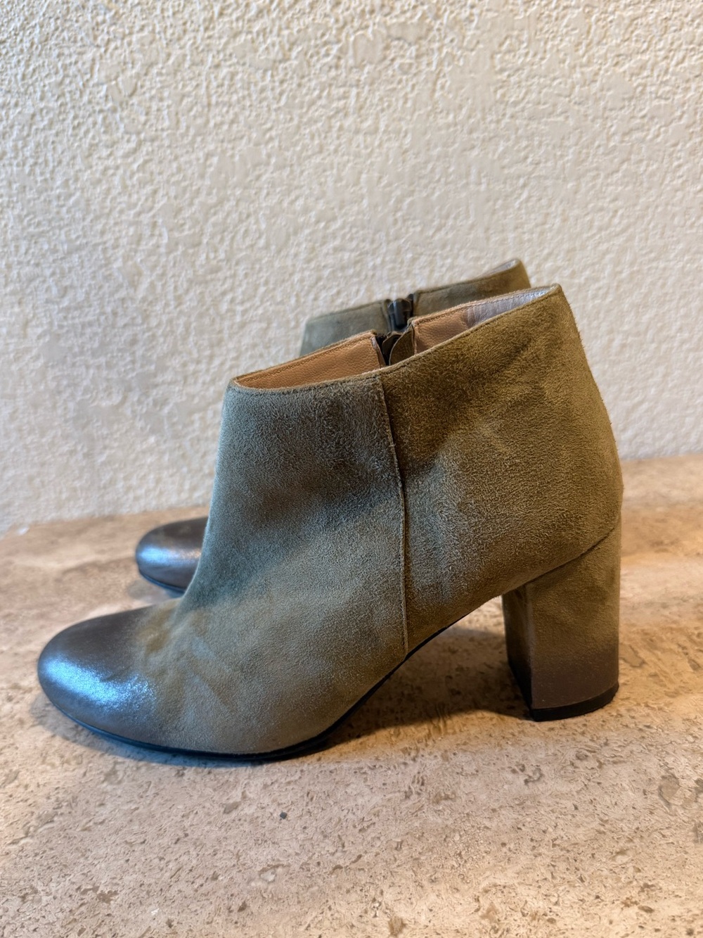 LENORA Real Suede Ankle Booties w/ Block Heel and Painted Silver Toe Cap